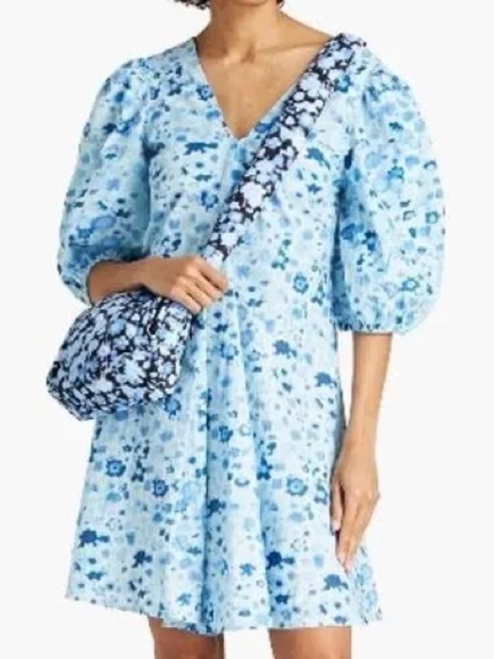 Ganni Floral Cotton Poplin Mini Dress Women 10 Blue NWOT Puff Sleeve V-Neck